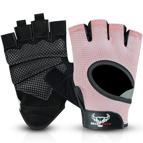 BEAST RAGE Fingerless Weight Lifting Gloves with Palm Protection Padding, Breathable Lightweight Gym Gloves for Men, Women, Weightlifting, Cycling, Exercise, Training Pull Up - color: Pink, size: Medium