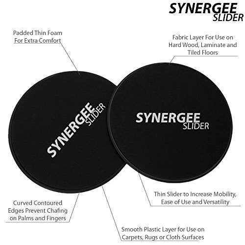 Synergee Core Sliders. Dual Sided Use on Carpet or Hardwood Floors. Abdominal Exercise Equipment