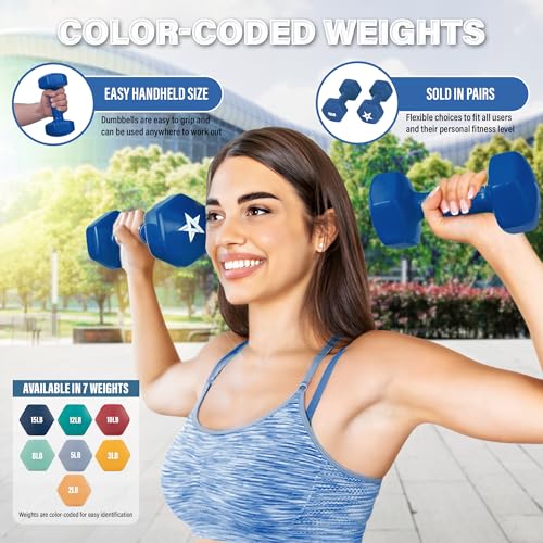 Yes4All Vinyl Hexagon Dumbbell - Dumbbells Set of 2 Hand Weights for Home Gym & Strength Training (2-15 lbs Weight Options) - color: G. 15 lbs - Nautical Blue - Pair