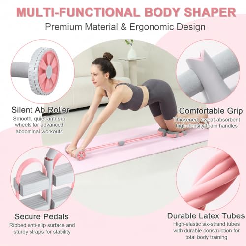 6-Tube Pedal Resistance Bands with Handles & Ab Roller, 2-in-1 Foot Pedal Puller, Home Gym Workout Equipment for Core Training, Full Body Exercise for Arm, Leg, Waist, Back
