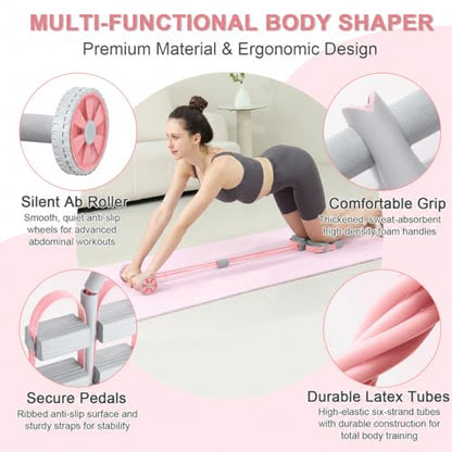 6-Tube Pedal Resistance Bands with Handles & Ab Roller, 2-in-1 Foot Pedal Puller, Home Gym Workout Equipment for Core Training, Full Body Exercise for Arm, Leg, Waist, Back