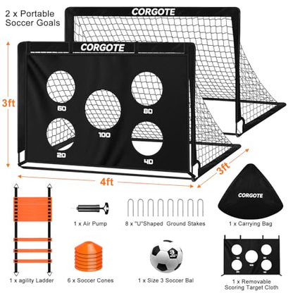 Toddler Soccer Goals for Backyard Set of 2, 4x3ft Portable Pop Up Soccer Net, Kids Soccer Training Equipment with Ball, Cones, Ladder, Scoring Target, 3-14Years Old Birthday Gifts for Boy Girl
