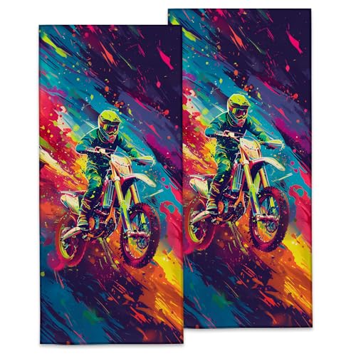 Motocross Action Hand Towels, Soft Decorative Neon Dirt Bike Splash Design Towel Set of 2 for Bathroom Hotel Home Beach, Absorbent Dish Handtowels for Kitchen, Men Racing Lovers Gifts 14×28in - color: Motocross11
