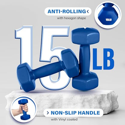 Yes4All Vinyl Hexagon Dumbbell - Dumbbells Set of 2 Hand Weights for Home Gym & Strength Training (2-15 lbs Weight Options) - color: G. 15 lbs - Nautical Blue - Pair