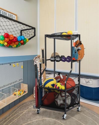 EXTCCT Garage Sports Equipment Organizer, Rolling Ball Storage Cart - color: Black - Small
