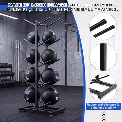 Medicine Ball Rack Storage Metal Durable Tree Holds 10 Slam Balls up to 11 Inch Diameter Vertical Gym Organizer Stand Holder for Organized Gym Fitness Studio Commercial Equipment Storage Black