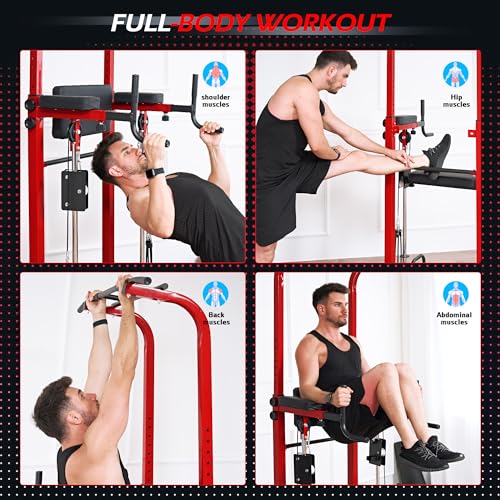 Dland Power Tower Dip Station Pull Up Bar Exercise Tower, Multifunctional Adjustable Height Training Equipment for Home Gym, Free Standing Assisted Fitness Workout Pullup Rack Station Machine - color: Red