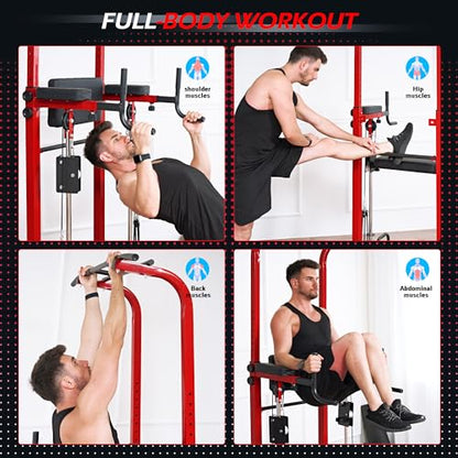 Dland Power Tower Dip Station Pull Up Bar Exercise Tower, Multifunctional Adjustable Height Training Equipment for Home Gym, Free Standing Assisted Fitness Workout Pullup Rack Station Machine - color: Red
