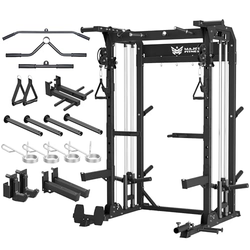 MAJOR FITNESS F22 Power Rack, 1600lbs All-in-One Squat Rack with Dual Pulley System, Heavy-Duty Steel Frame, Attachments & Storage for Home Gym Strength Training - color: Black, style: F22 (Rack Only)