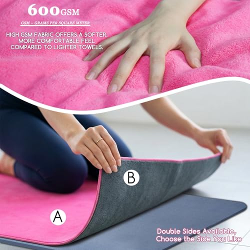 Hot Yoga Mat Towel Set – Non-Slip 600GSM Thickened Microfiber Yoga Mat Cover (70"x25.5") + Hand Towel – Super Absorbent, Skidless Sweat Towel for Hot Pilates, Bikram & Fitness, Dark Pink