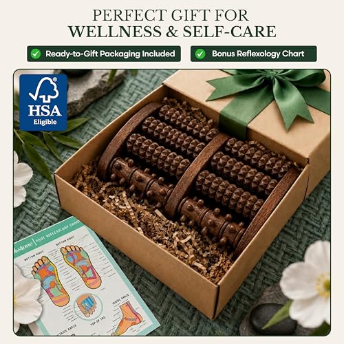 Brookstone Foot Massager Roller Plantar Fasciitis Pain Relief - Wooden Under Desk Feet Massage - Dual Manual Heel Massagers - Wood Rolling Acupressure Tool with Reflexology Guide - Gift for Men, Women