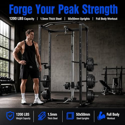 KOPUS Power Rack with Pulley System – Multi-Functional Power Cage Squat Rack, LAT Pull Down, J Hooks & Safety Bars – 1200 lbs Home Gym Equipment – 5 Configurations - size: Cage + Pulley + Bench
