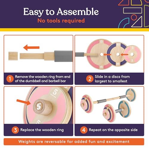 Special Supplies Kids Wooden Workout Play Weights Set - Adjustable Dumbbells and Barbell Set for Home Gym Equipment, Exercise Workout Set for Fitness Activities (Barbell + Dumbbells)