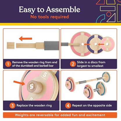 Special Supplies Kids Wooden Workout Play Weights Set - Adjustable Dumbbells and Barbell Set for Home Gym Equipment, Exercise Workout Set for Fitness Activities (Barbell + Dumbbells)