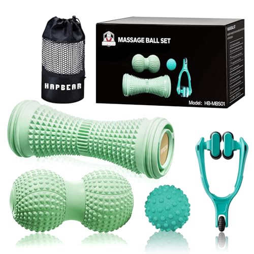 HAPBEAR Massage Ball Set - 4-in-1 Deep Tissue Kit for Plantar Fasciitis Relief, Portable Myofascial Release Tools for Foot/Back/Hand Pain, Hot & Cold Therapy with Storage Bag (4 Piece)