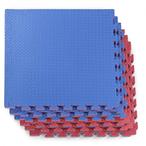 1" Extra Thick 48 sq ft Reversible EVA Gym Foam Floor Mat Tiles (24" x 24"), Steel Pattern, 12 pcs, Blue & Red