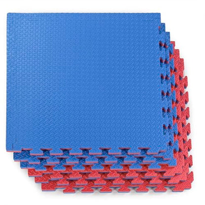 1" Extra Thick 48 sq ft Reversible EVA Gym Foam Floor Mat Tiles (24" x 24"), Steel Pattern, 12 pcs, Blue & Red