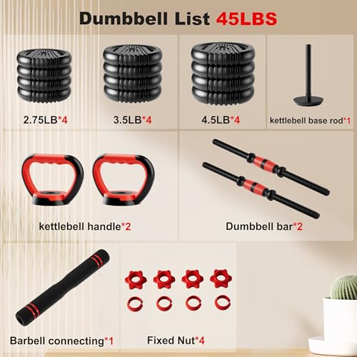 Adjustable Dumbbell Set, 10/20/30/45/70/90lbs Free Weight Set with Connector, 5 in1 Dumbbells Set Used as Barbell, Kettlebells, Push up Stand,Weight Plate, Fitness Exercises for Home Gym Suitable Men/Women