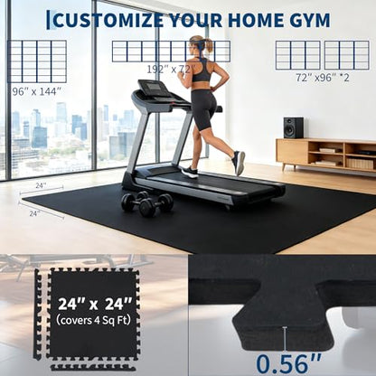 0.56-Inch Thick 48 Sq ft Exercise Equipment Mats | 12 Tiles Interlocking High-Density EVA Foam Rubber Puzzle Gym Flooring for Home Gym & Heavy Weight Workouts, 24 x 24 in Black
