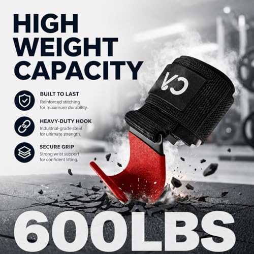 Weight Lifting Hooks (Pair) for Deadlifts, Pull Ups, Rows & Shrugs - Heavy Duty Gym Hooks with 8mm Padded Wrist Straps, Secure Grip Support for Weightlifting, Powerlifting & Strength Training - color: Red