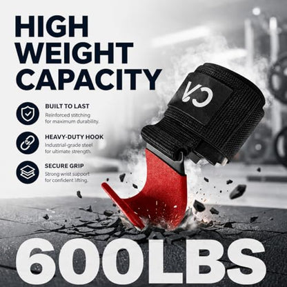 Weight Lifting Hooks (Pair) for Deadlifts, Pull Ups, Rows & Shrugs - Heavy Duty Gym Hooks with 8mm Padded Wrist Straps, Secure Grip Support for Weightlifting, Powerlifting & Strength Training - color: Red
