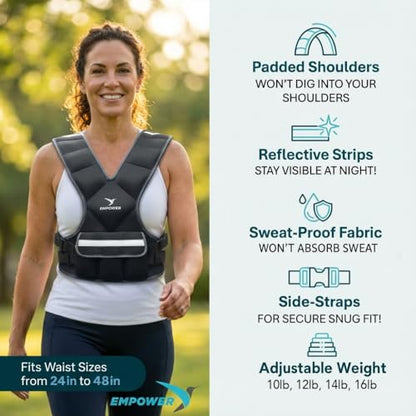 EMPOWER Weighted Vest for Women with Reflective Strips – Fixed 8lbs, Adjustable 4-10lbs (4 in1) or Adjustable10-16lbs (4 in 1), Strengthen Muscles, Boost Bone Health, and Burn More Calories for Workout - Rucking Vest - style: 16lb adjustable weight vest