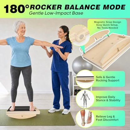 3-in-1 Slant Board & 180°/360° Balance Board, Portable 6 Angle Adjustable Calf Stretcher with Training Poster, Anti-Slip 300LBS Wobble Board for Physical Therapy, Standing Desk & Core Strength