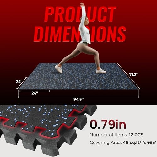 SUPERJARE 0.79'' Extra-Thick Exercise Equipment Mats, 12 Pcs 48 Sq Ft Rubber Top Floor Tiles with High Density EVA Foam, Interlocking Gym Flooring for Home Gym, Workout Mat, Black/Blue