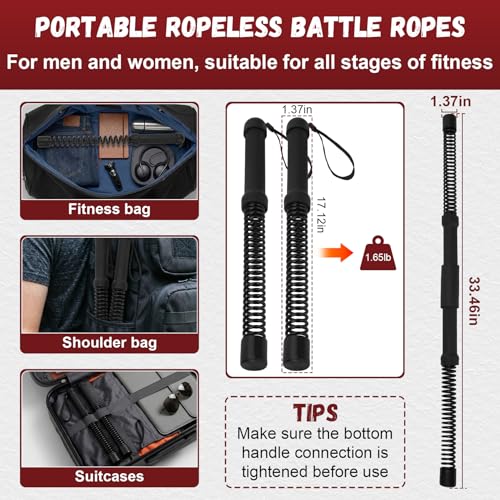 Portable Ropeless Battle Ropes, 2-in-1 Heavy Duty Cordless Battle Ropes for Home Gym (Convertible to Fitness Bar), Strength Building Workout Ropes, Low-Impact Aerobic Training and HIIT for Men & Women