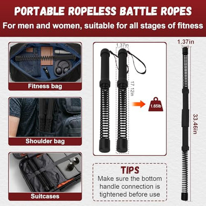 Portable Ropeless Battle Ropes, 2-in-1 Heavy Duty Cordless Battle Ropes for Home Gym (Convertible to Fitness Bar), Strength Building Workout Ropes, Low-Impact Aerobic Training and HIIT for Men & Women