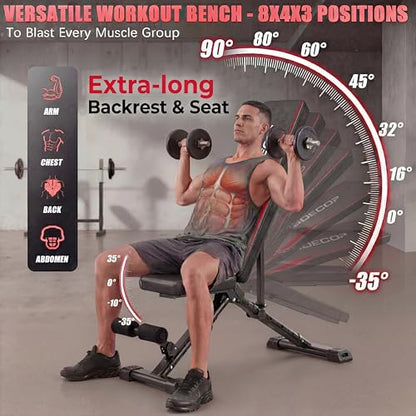 OPPSDECOR Adjustable Weight Bench, 900LBS Foldable Workout Bench with 18.5-Inch Seat Height for Home Gym — 8+4+2 Positions, Flat Incline Decline Bench Press for Dumbbell Strength Training, Compact Storage in Small Spaces