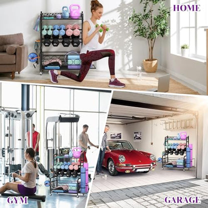 Dumbbell Rack, VOPEAK Adjustable Weight Rack for Home Gym, Home Gym Storage Rack for Yoga Mat Kettlebells and Strength Training Equipment, Weight Storage Rack for Dumbbells with Wheels
