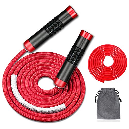 Redify Weighted Jump Rope for Workout Fitness(1LB), Tangle-Free Ball Bearing Rapid Speed Skipping Rope for MMA Boxing Weight-loss,Aluminum Handle Adjustable Length 9MM Fabric Cotton+9MM Solid PVC Rope - color: Red