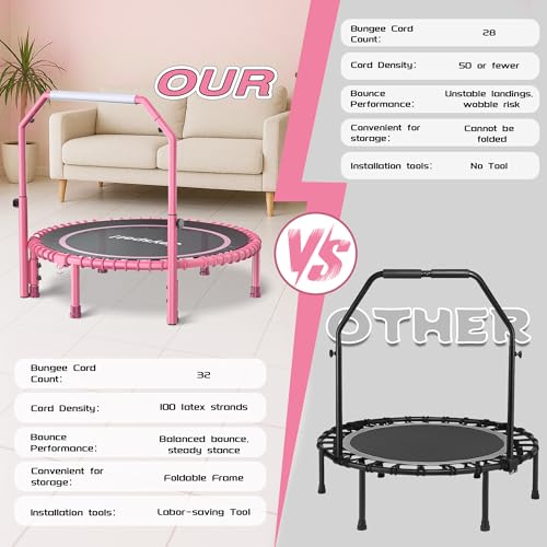450 LBS Foldable Mini Trampoline for Adults with Adjustable Handle, 40" Indoor Rebounder with Quiet Bungee System, Compact Fitness Trampoline with Cordless Jump Ropes for Home Workout Exercise