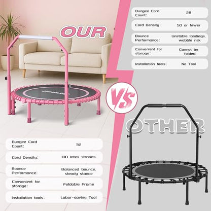 450 LBS Foldable Mini Trampoline for Adults with Adjustable Handle, 40" Indoor Rebounder with Quiet Bungee System, Compact Fitness Trampoline with Cordless Jump Ropes for Home Workout Exercise
