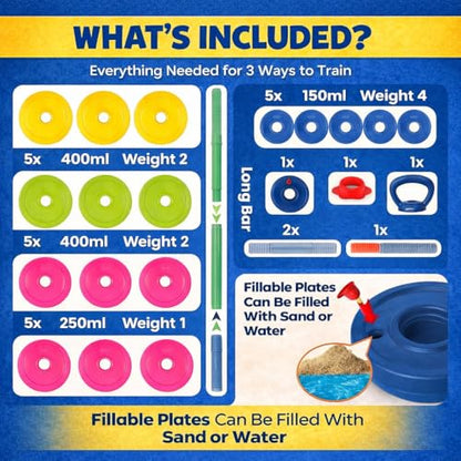Kids Exercise Weight Set - 3-in-1 Adjustable Workout Toy Equipment for Children Pretend Play Exercise - Toddler Beginner Gym, Fitness, Weightlifting and Powerlifting (Dumbbell, Barbell, Kettlebell)