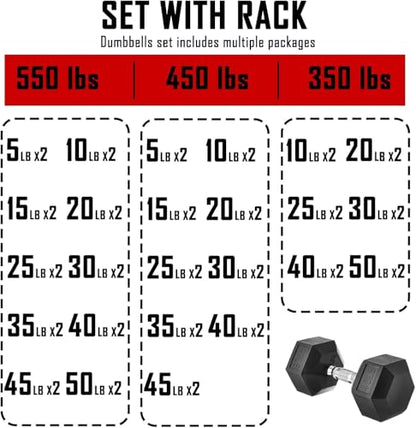 350/450/550 lbs Dumbbell Set with Rack for Women Men - Coated Rubber Hex Weights for Home Gym Weight Training, Multiple Lbs Neoprene Dumbbells with Storage Rack - Black - style: 550 lbs