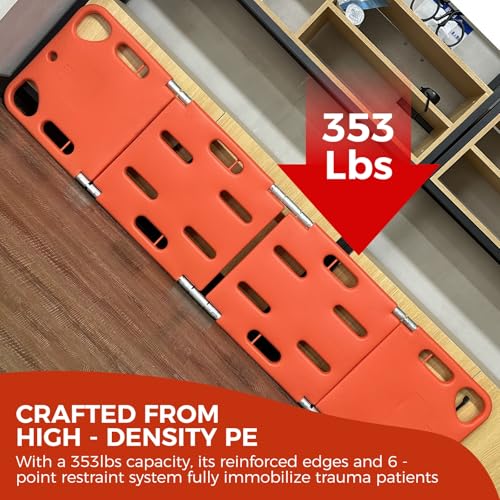 Emergency Foldable Spine Board Stretcher Kit with Head Immobilizer, Neck Brace, Spider Straps, Orange PE 4-Fold Water Floating Stretcher for First Responders & Emergency Services (4 Folds) - size: 4 Folds