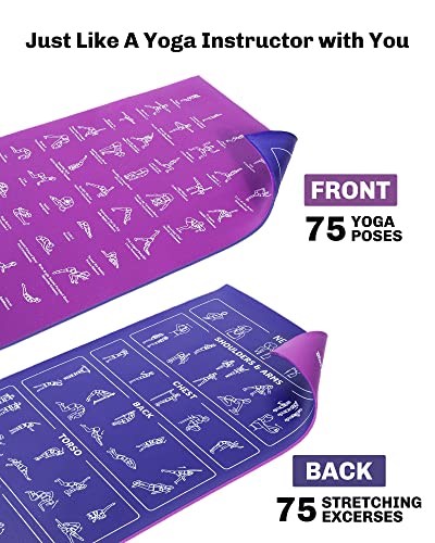 Instructional Travel Yoga Mat with 75 Asanas Poses & Exercises - Exercise Mat for Home Workout, Includes Carrying Bag, 68"x24"x0.25"