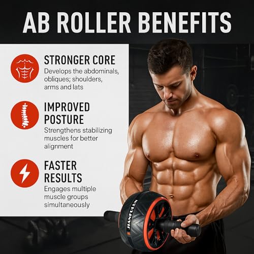 Ab Roller Wheel for Core & Abdominal Strength Workout - Portable Home Gym Exercise Equipment with Non-Slip Handles & Knee Pad for Men & Women
