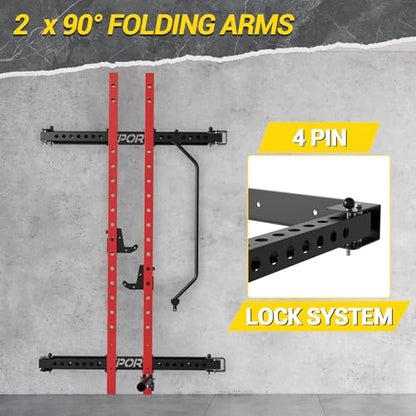 Folding Squat Rack Wall Mounted, 1000LBS Foldable Squat Rack for Home Gym and Garage, 2.4x2.4in Thick Steel with Pull Up Bar, J Hooks & Landmine Attachments, Space Saving Home Gym Power Cage