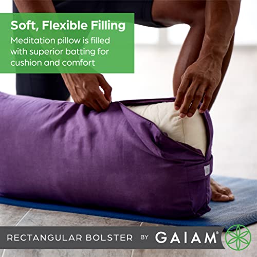 Gaiam Yoga Bolster Pillow, Soft Meditation Cushion for Yoga, Massage and Back Support, Breathable Cotton Fill, Zippered Microfiber Cover, Easy-Carry Handle, Machine Washable - color: Purple