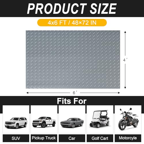 4x6FT Garage Floor Mat, 2.8mm Thickened Flooring Roll for Under Car, Golf Cart Parking Mat, Diamond Plate PVC Rubber Motorcycle Mat, Non-Slip Floor Protector for Garage Warehouse Trailer, Grey