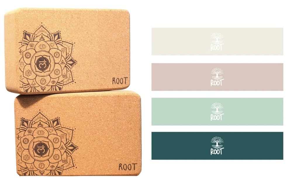 YOGA BLOCKS (ROOT Premium Cork Blocks (2) with Resiliance Bands), BAMBOO