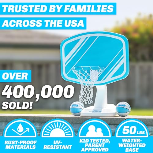 GoSports Splash Hoop PRO Pool Basketball Game – Modern Poolside Basketball Hoop with Backboard, Ball & Pump – Swimming Pool Basketball Hoop for Inground & Above Ground Pools - color: Aqua