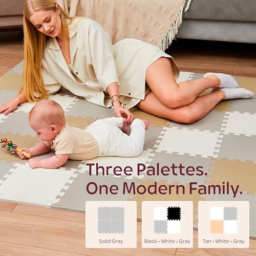 Foam Play Mat for Floor - 36 Interlocking Tiles 71x71 in, 0.6" Thick Puzzle Mat for Baby, Toddler & Home Gym, Cross-Texture EVA Foam, Edge Borders Included, White Tan Gray