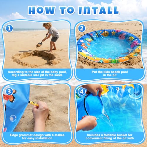 4.9 X 4.9 Feet Baby Beach Pool, Waterproof Beach Pool Blanket for Toddler, 2 in 1 Toddler Paddling Pool with Carrying Bag, Collapsible Beach Puddle Mat for Boys Girls Kids Infant Outdoor Beach Toys - color: Ocean Blue-3