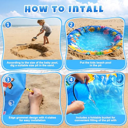 4.9 X 4.9 Feet Baby Beach Pool, Waterproof Beach Pool Blanket for Toddler, 2 in 1 Toddler Paddling Pool with Carrying Bag, Collapsible Beach Puddle Mat for Boys Girls Kids Infant Outdoor Beach Toys - color: Ocean Blue-3