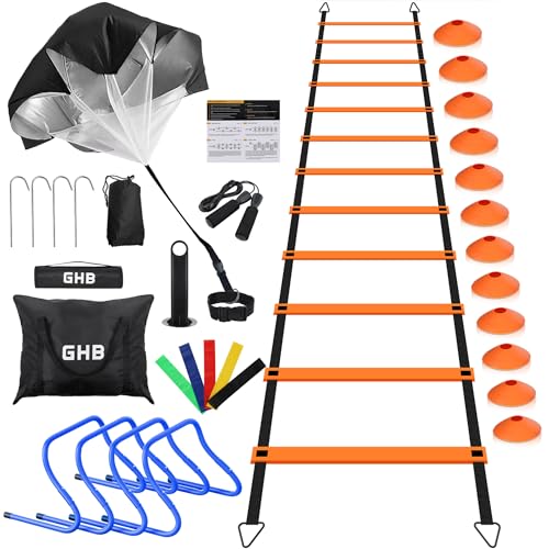GHB Agility Ladder,Football Training Equipment Set,4 Agility Hurdles, 20 feet12 Rungs Speed Ladder,12 Disc Cones,Resistance Parachute, Jump Rope, 5 Resistance Bands