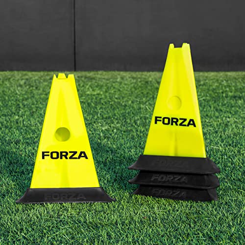 FORZA Pro 12in Tri Marker Cones - Set of 4 or 8 with Optional Rubber Bases for Pro-Grade Training - color: Fluro Yellow, size: Pack of 4, style: With Bases